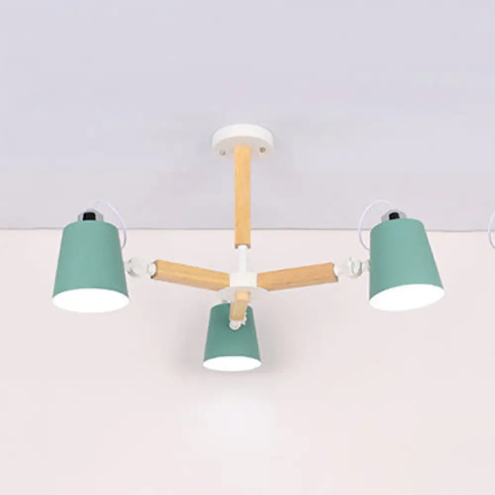 Nordic Style Chandelier Bucket Shade Hanging Light For Kids Bedroom - Metal & Wood 3 / Green