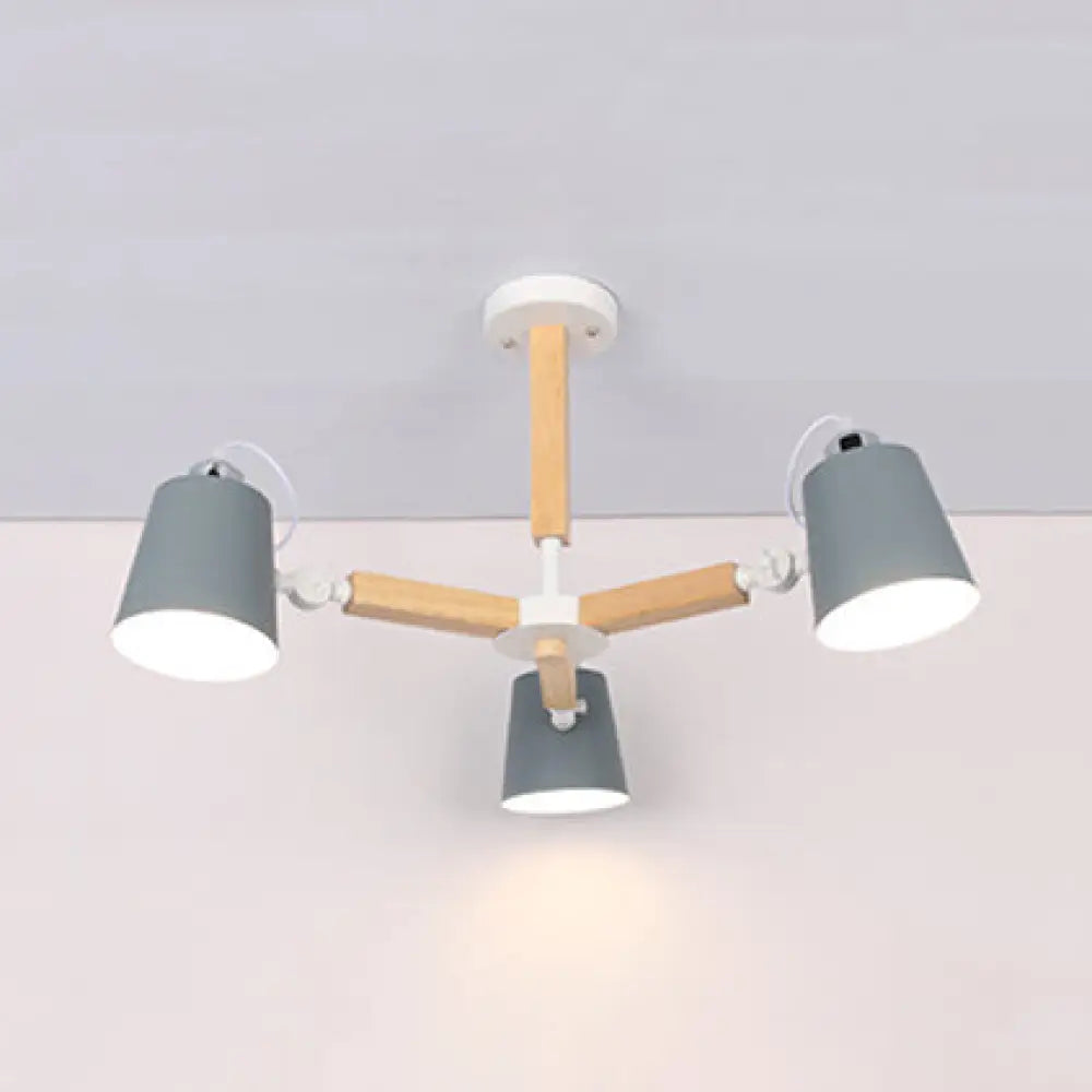 Nordic Style Chandelier Bucket Shade Hanging Light For Kids Bedroom - Metal & Wood 3 / Grey