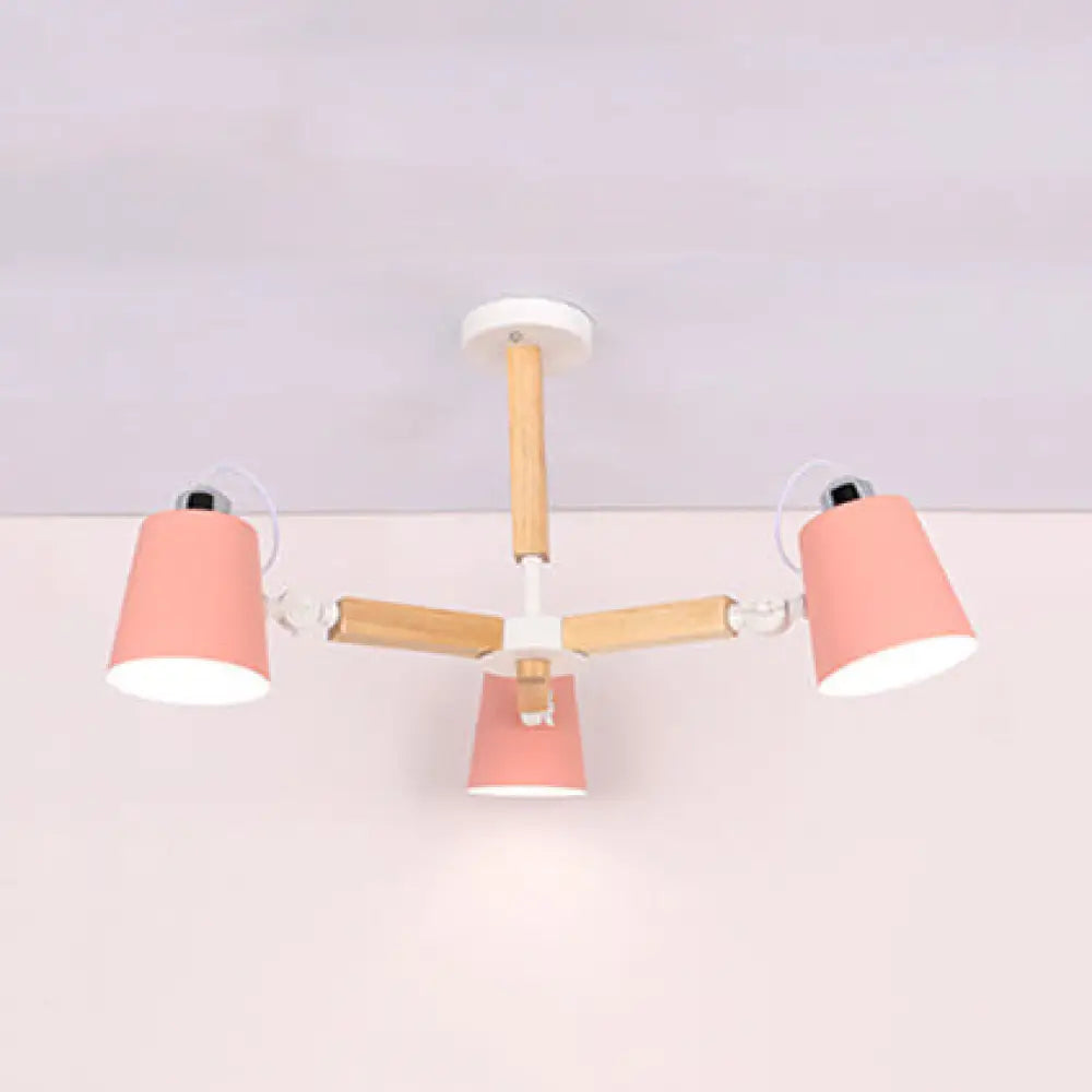 Nordic Style Chandelier Bucket Shade Hanging Light For Kids Bedroom - Metal & Wood 3 / Pink