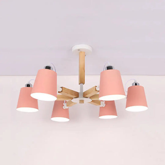 Nordic Style Chandelier Bucket Shade Hanging Light For Kids Bedroom - Metal & Wood 6 / Pink