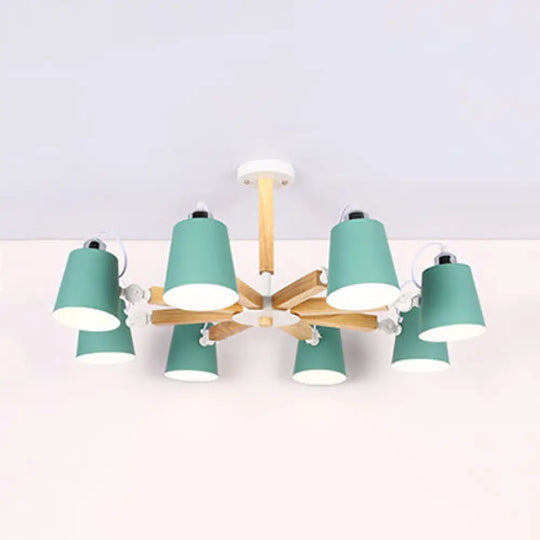 Nordic Style Chandelier Bucket Shade Hanging Light For Kids Bedroom - Metal & Wood 8 / Green