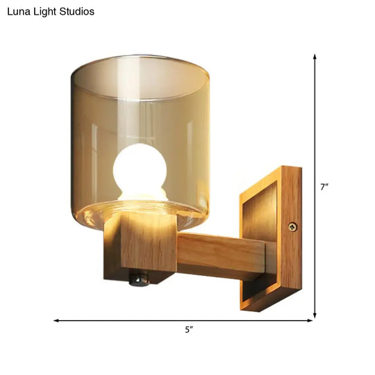 Nordic Style Cognac Glass Wall Sconce Fixture - Minimalist Wood 1-Light Cylinder Light