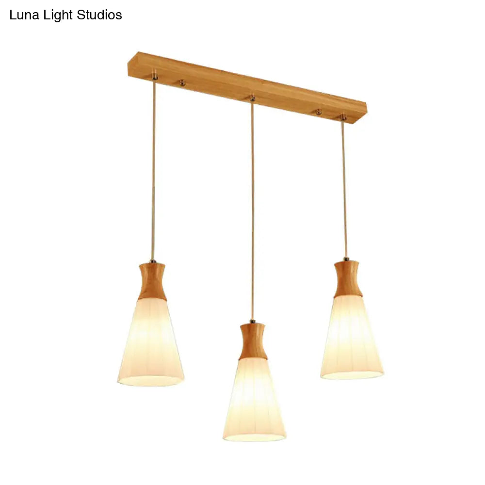 Nordic Style Conic Pendant Lamp With Ribbed Glass And Wood Hangings - 3 Lights White Linear/Round