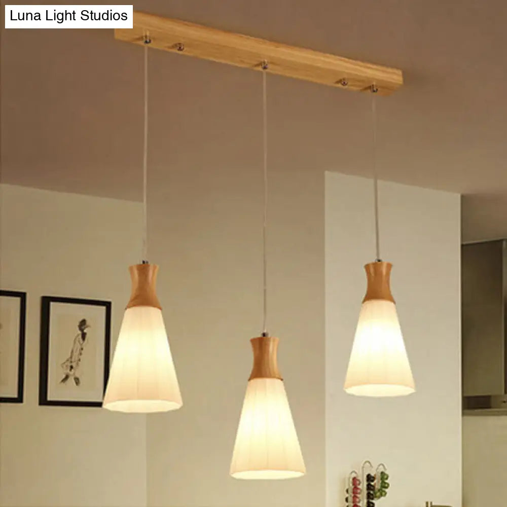 Nordic Style Conic Pendant Lamp With Ribbed Glass Wood And 3 Lights - White / Linear