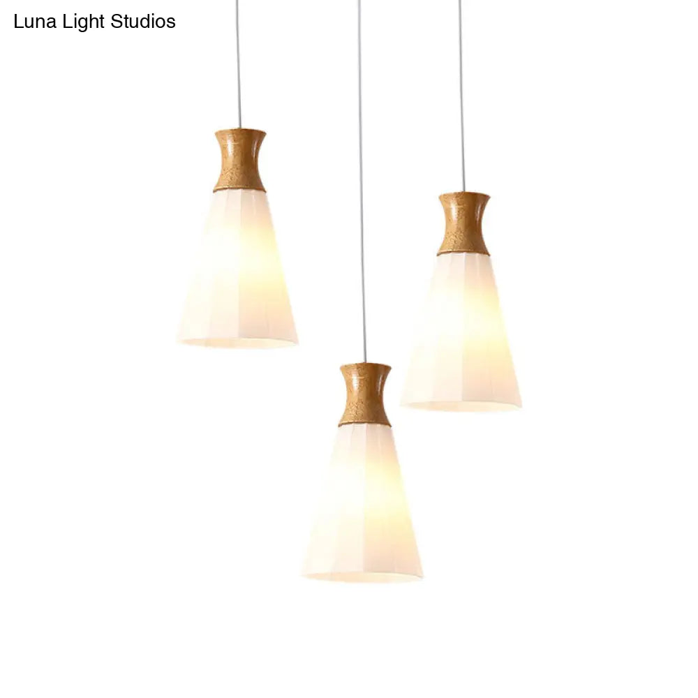 Nordic Style Conic Pendant Lamp With Ribbed Glass Wood And 3 Lights - White