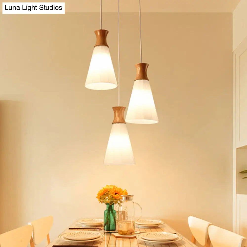 Nordic Style Conic Pendant Lamp With Ribbed Glass Wood And 3 Lights - White