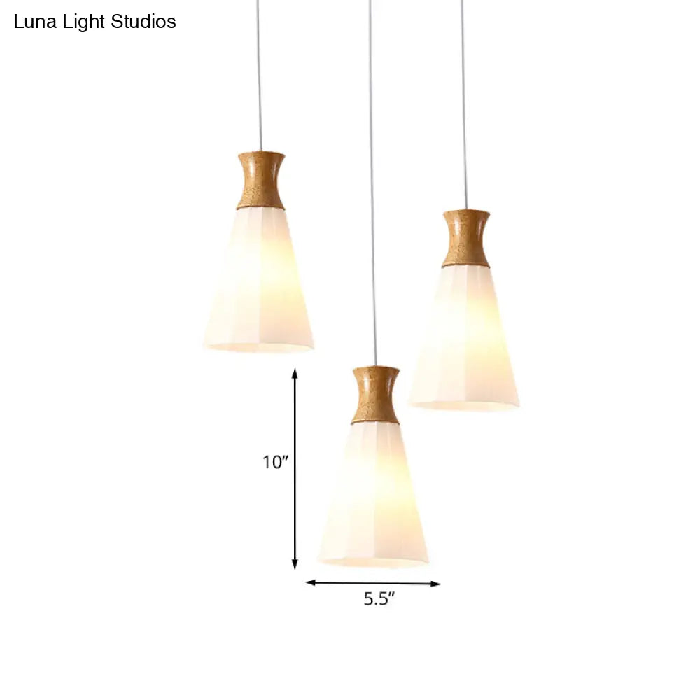 Nordic Style Conic Pendant Lamp With Ribbed Glass Wood And 3 Lights - White