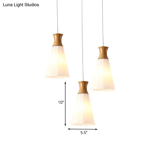 Nordic Style Conic Pendant Lamp With Ribbed Glass Wood And 3 Lights - White