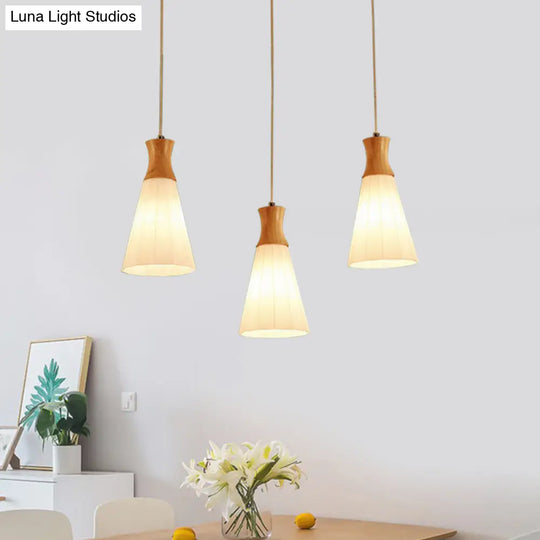 Nordic Style Conic Pendant Lamp With Ribbed Glass And Wood Hangings - 3 Lights White Linear/Round