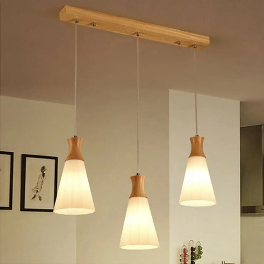 Nordic Style Conic Pendant Lamp With Ribbed Glass And Wood Hangings - 3 Lights White Linear/Round