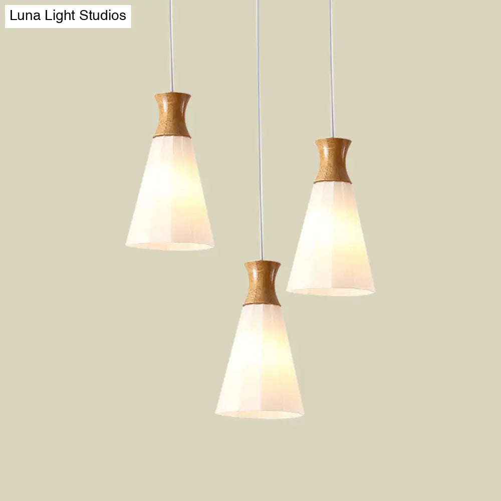 Nordic Style Conic Pendant Lamp With Ribbed Glass And Wood Hangings - 3 Lights White Linear/Round