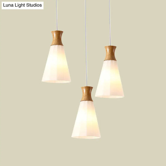 Nordic Style Conic Pendant Lamp With Ribbed Glass And Wood Hangings - 3 Lights White Linear/Round