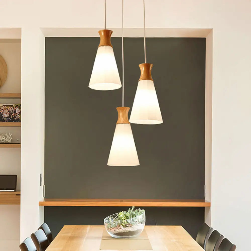 Nordic Style Conic Pendant Lamp With Ribbed Glass And Wood Hangings - 3 Lights White Linear/Round