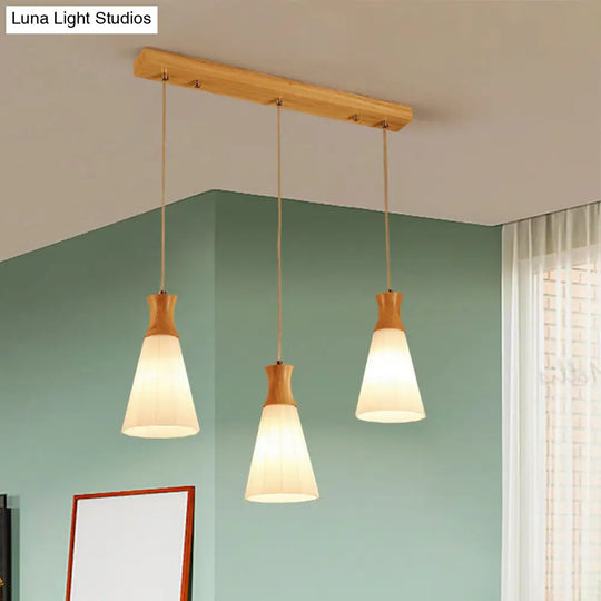 Nordic Style Conic Pendant Lamp With Ribbed Glass And Wood Hangings - 3 Lights White Linear/Round