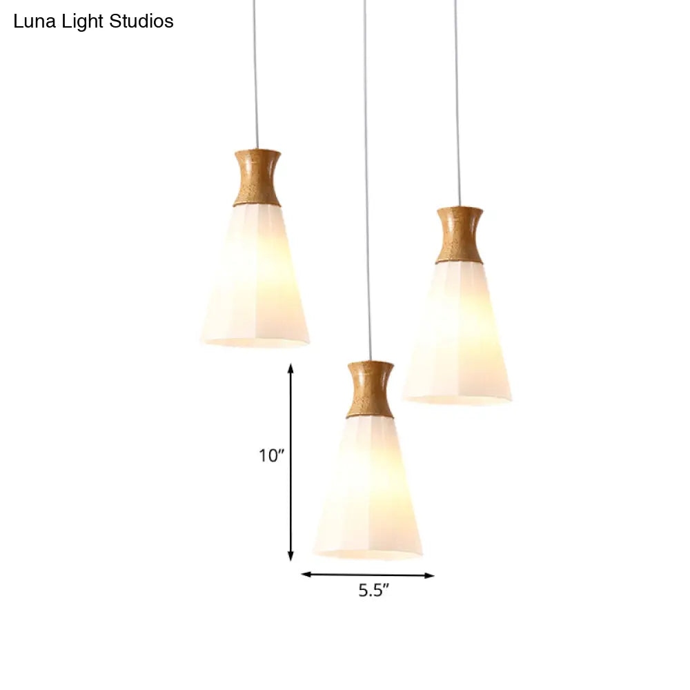 Nordic Style Conic Pendant Lamp With Ribbed Glass And Wood Hangings - 3 Lights White Linear/Round