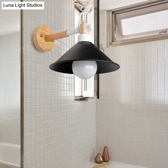 Nordic Style Conic Wall Sconce With Wooden Backplate And Black Metallic Finish