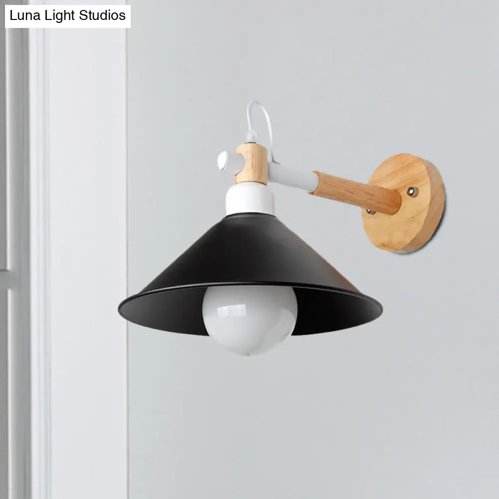 Nordic Style Conic Wall Sconce With Wooden Backplate And Black Metallic Finish