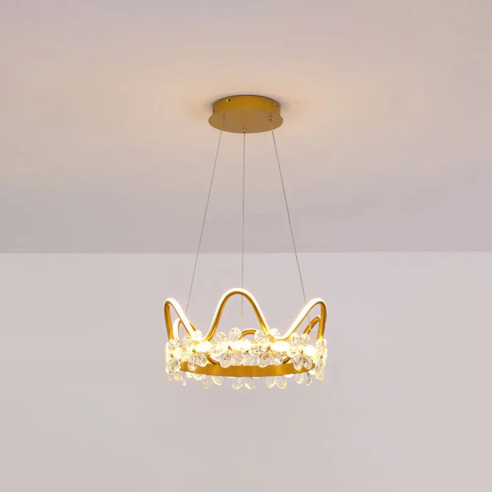 Nordic Style Crystal Pendant Light With 1 Suspended Crown For Living Room Gold / 17 Warm