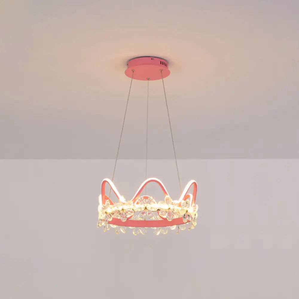 Nordic Style Crystal Pendant Light With 1 Suspended Crown For Living Room Pink / 17 Warm