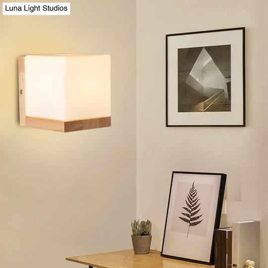 Nordic Style Cube Shaped Sconce Lighting With White Glass Shade - 1-Light Bedside Wall Fixture