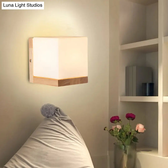 Nordic Style Cube Shaped Sconce Lighting With White Glass Shade - 1-Light Bedside Wall Fixture