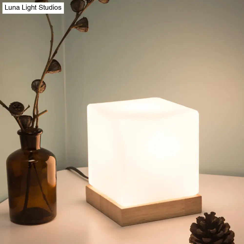 Nordic Style Cube Table Light With White Glass And Wooden Base - Single Nightstand Lighting