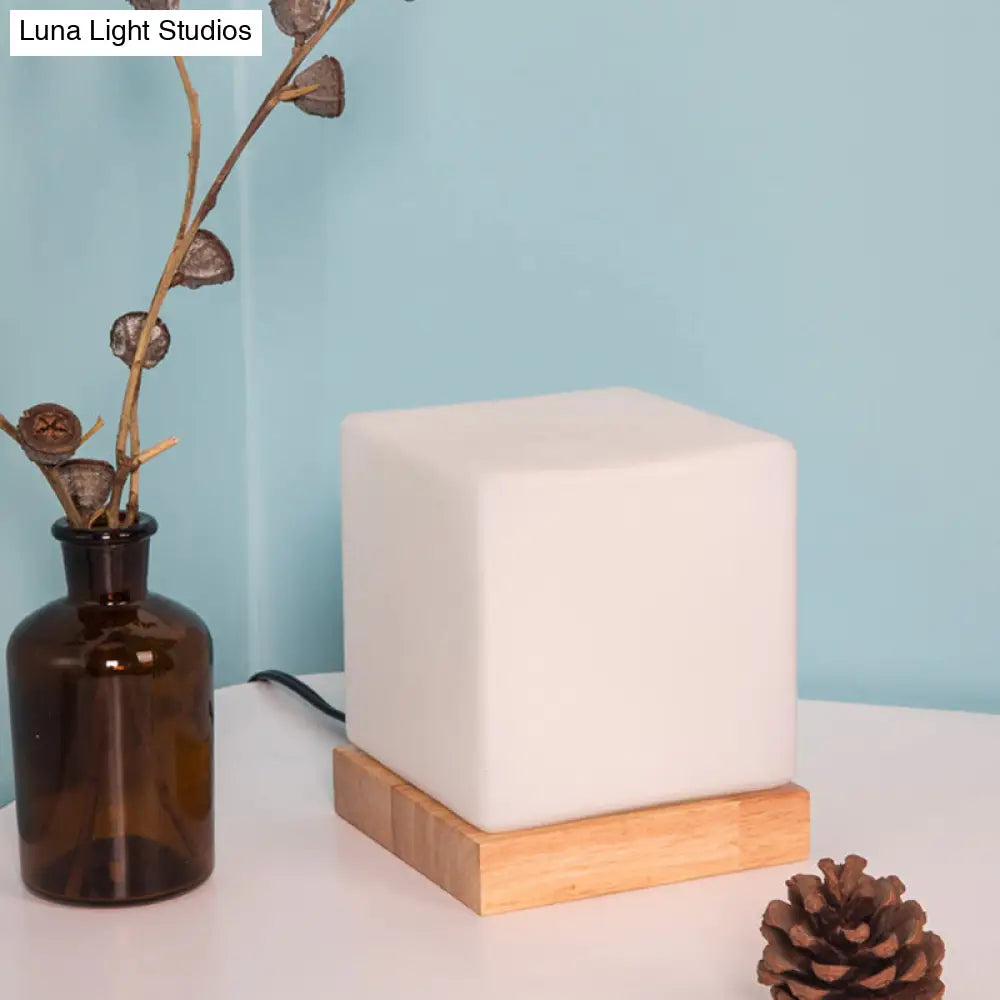 Nordic Style Cube Table Light With White Glass And Wooden Base - Single Nightstand Lighting