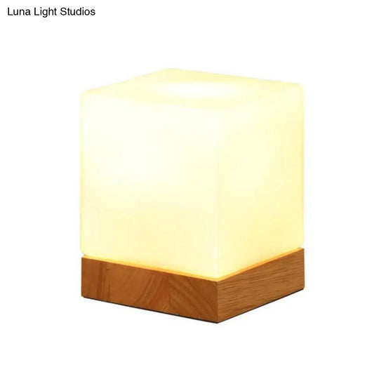 Nordic Style Cube Table Light With White Glass And Wooden Base - Single Nightstand Lighting