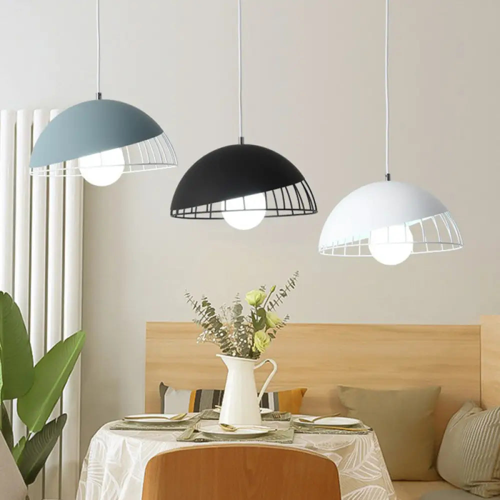 Nordic Style Dome Shade Hanging Light Pendant With Metallic Finish - 3 Bulbs Blue-Black