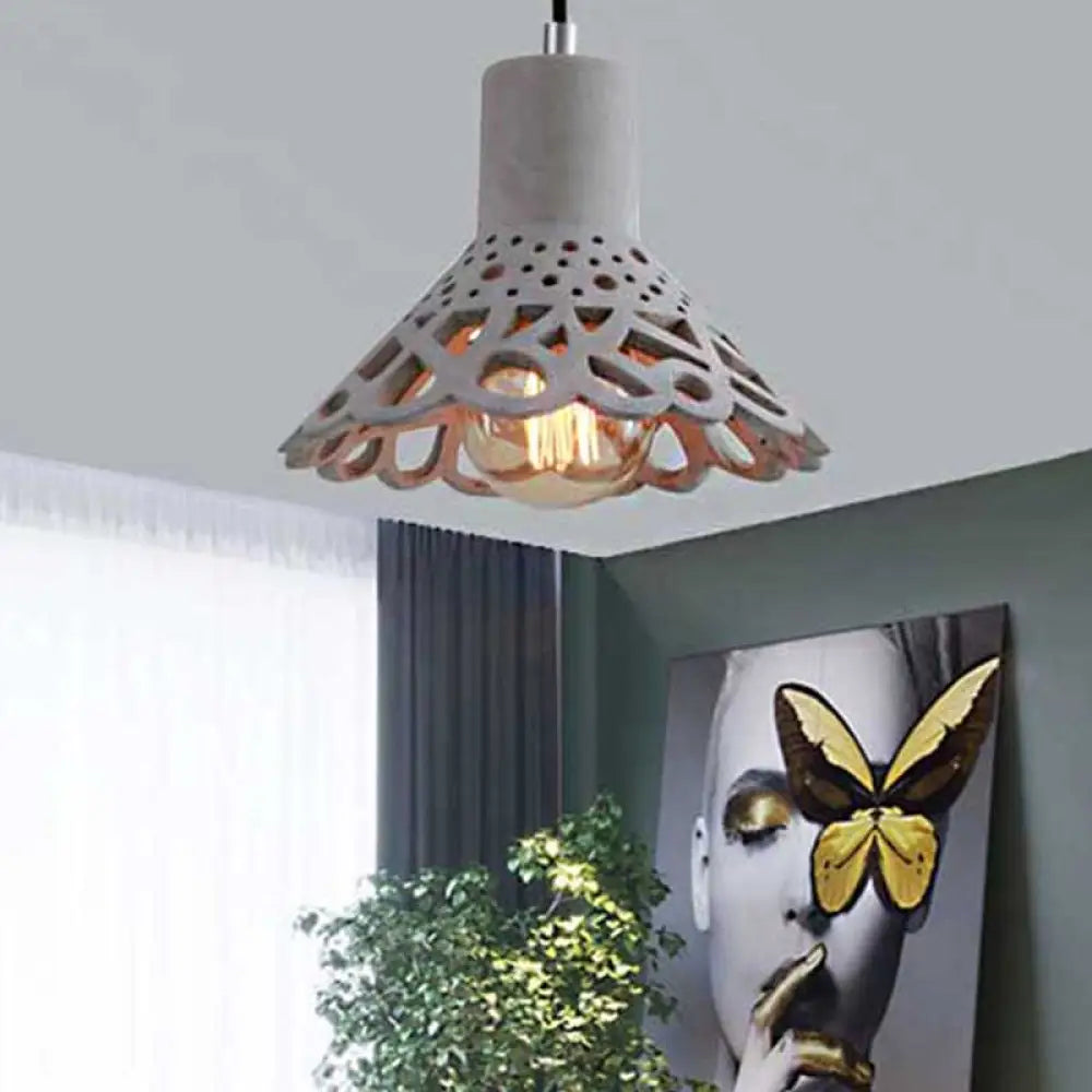 Nordic Style Etched Pendant Lighting: Concrete 1-Light Grey/White/Yellow With Geometric/Bell/Flared