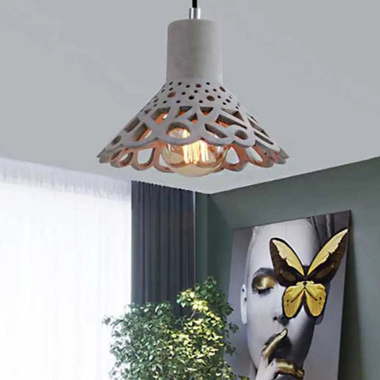 Nordic Style Etched Pendant Lighting: Concrete 1-Light Grey/White/Yellow With Geometric/Bell/Flared