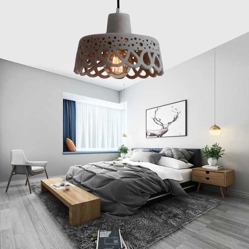 Nordic Style Etched Pendant Lighting: Concrete 1-Light Grey/White/Yellow With Geometric/Bell/Flared