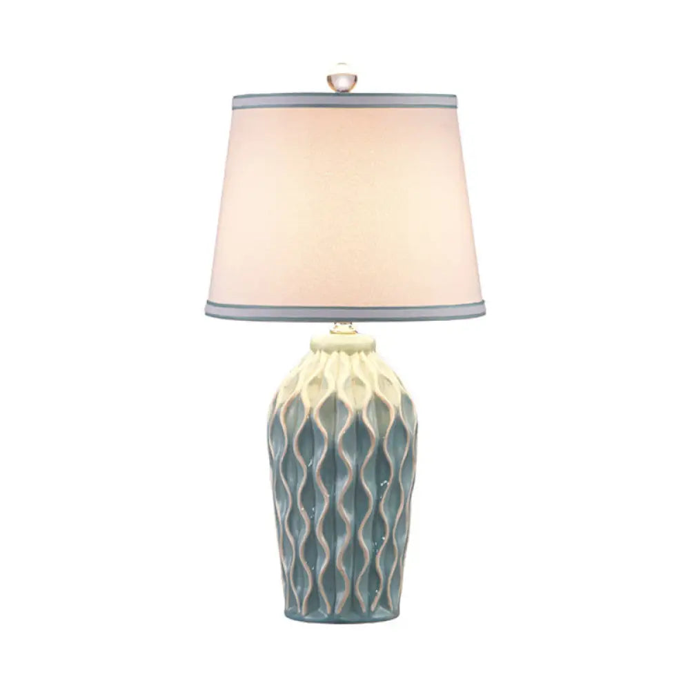 Nordic Style Fabric Conical Table Lamp With Pottery Decor - Single Nightstand Light Blue