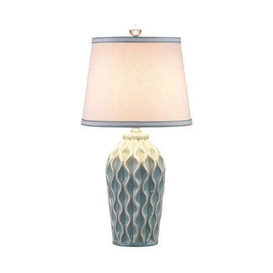 Nordic Style Fabric Conical Table Lamp With Pottery Decor - Single Nightstand Light Blue