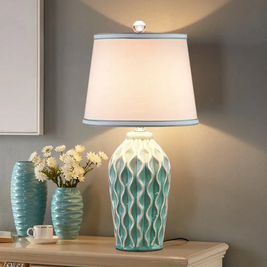 Nordic Style Fabric Conical Table Lamp With Pottery Decor - Single Nightstand Light Green