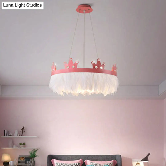 Crown Girls Room Chandelier Feather Light - Nordic Style Hanging Kit Pink / 22