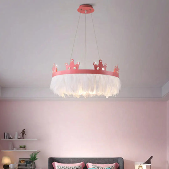 Nordic Style Feather Chandelier: Crown Shaped 2-Light Kit For Girls’ Room Pink / 22’