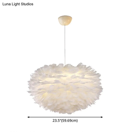 Nordic Style White Feather Chandelier Globe Shaped Hanging Lighting Fixture