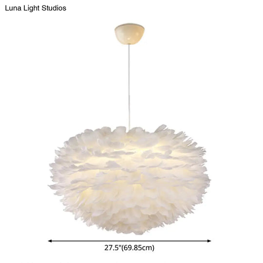 Nordic Style White Feather Chandelier Globe Shaped Hanging Lighting Fixture