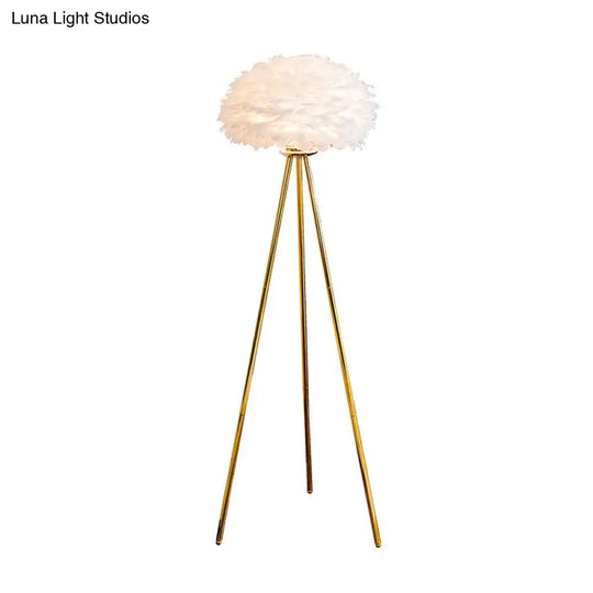 Nordic Style Feather Dome Bedside Floor Lamp - Brass Tripod 1 Head