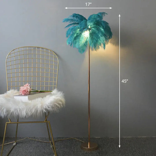 Nordic Style Feather Palm Tree 1-Light Floor Lamp For Girls Room Blue / 17