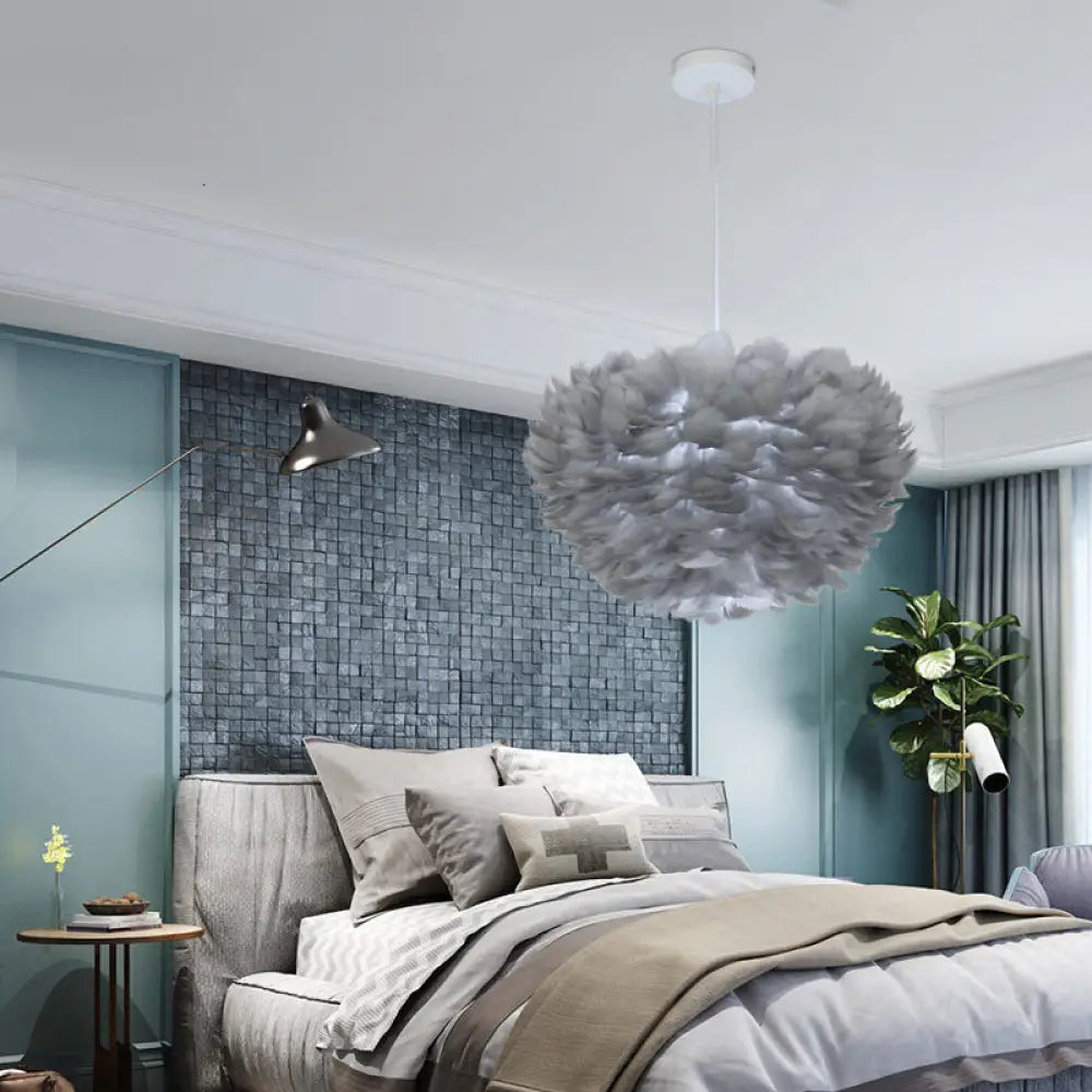 Nordic Style Feather Suspension Lamp: Half-Sphere Chandelier Pendant Light For Bedroom Grey / 12’