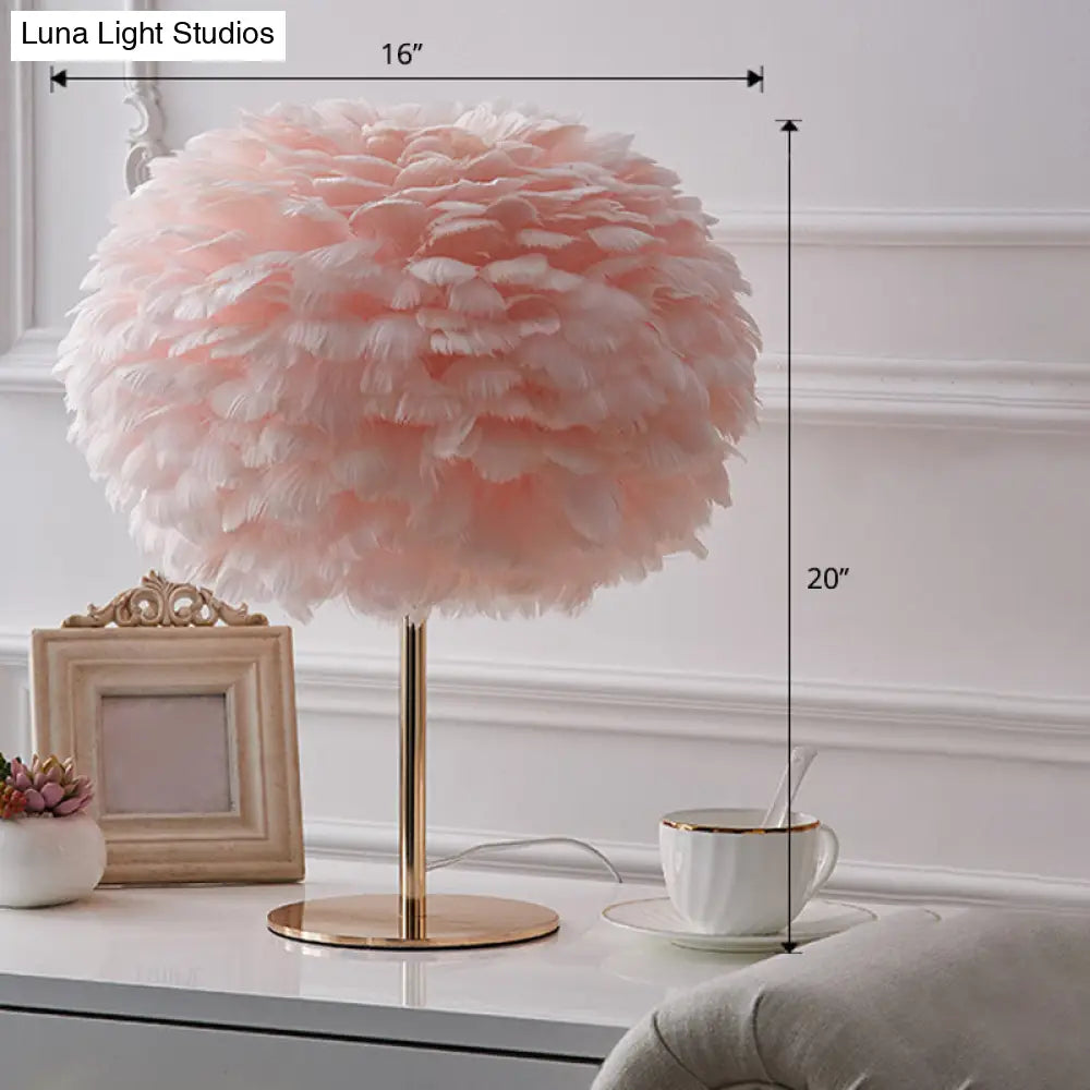 Nordic Style Feather Table Lamp - Spherical Accent Nightstand Light For Living Room