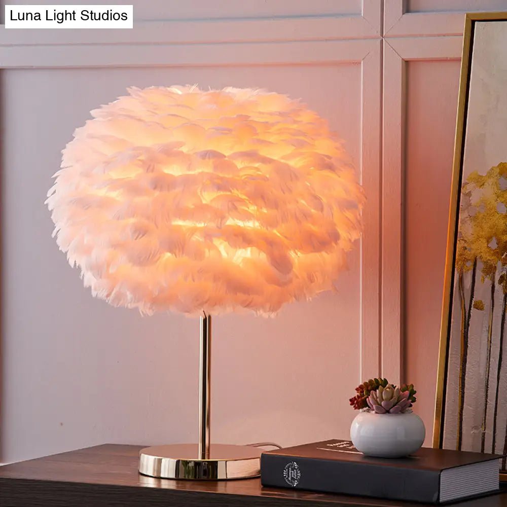 Nordic Style Feather Table Lamp - Spherical Accent Nightstand Light For Living Room