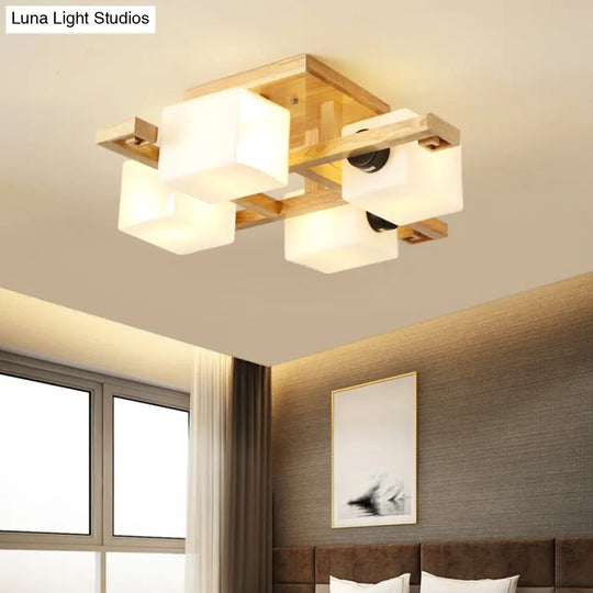 Nordic Style Flush Mount Chandelier With White Glass And Wood Canopy For Living Room Lighting