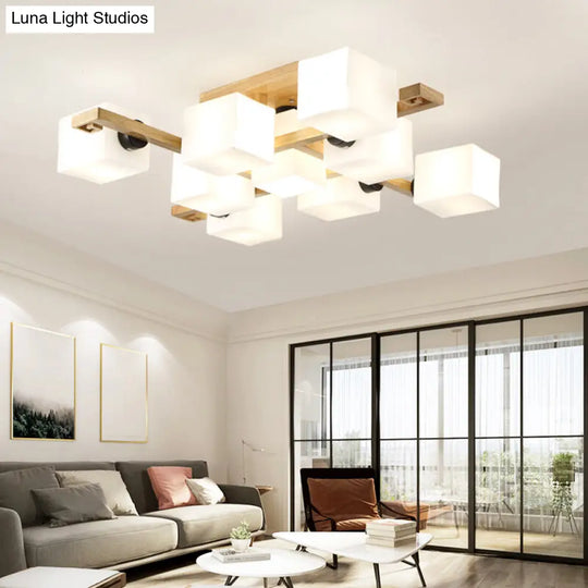 Nordic Style Rectangular Flush Mount Light With White Glass Semi Chandelier For Living Room 9 /