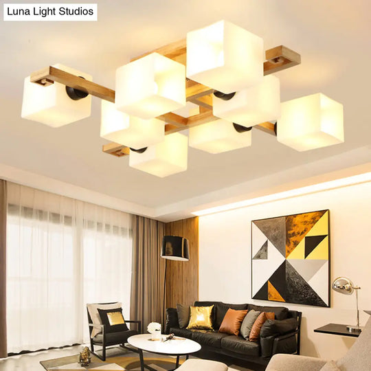 Nordic Style Rectangular Flush Mount Light With White Glass Semi Chandelier For Living Room 8 /