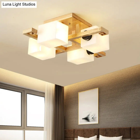 Nordic Style Rectangular Flush Mount Light With White Glass Semi Chandelier For Living Room