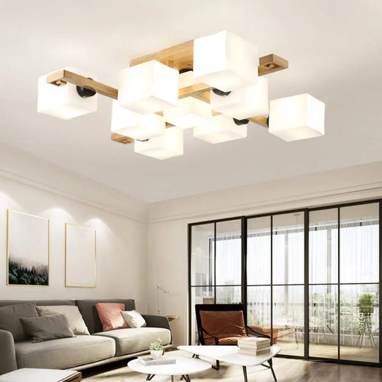 Nordic Style Flush Mount Chandelier With White Glass And Wood Canopy For Living Room Lighting 9 /