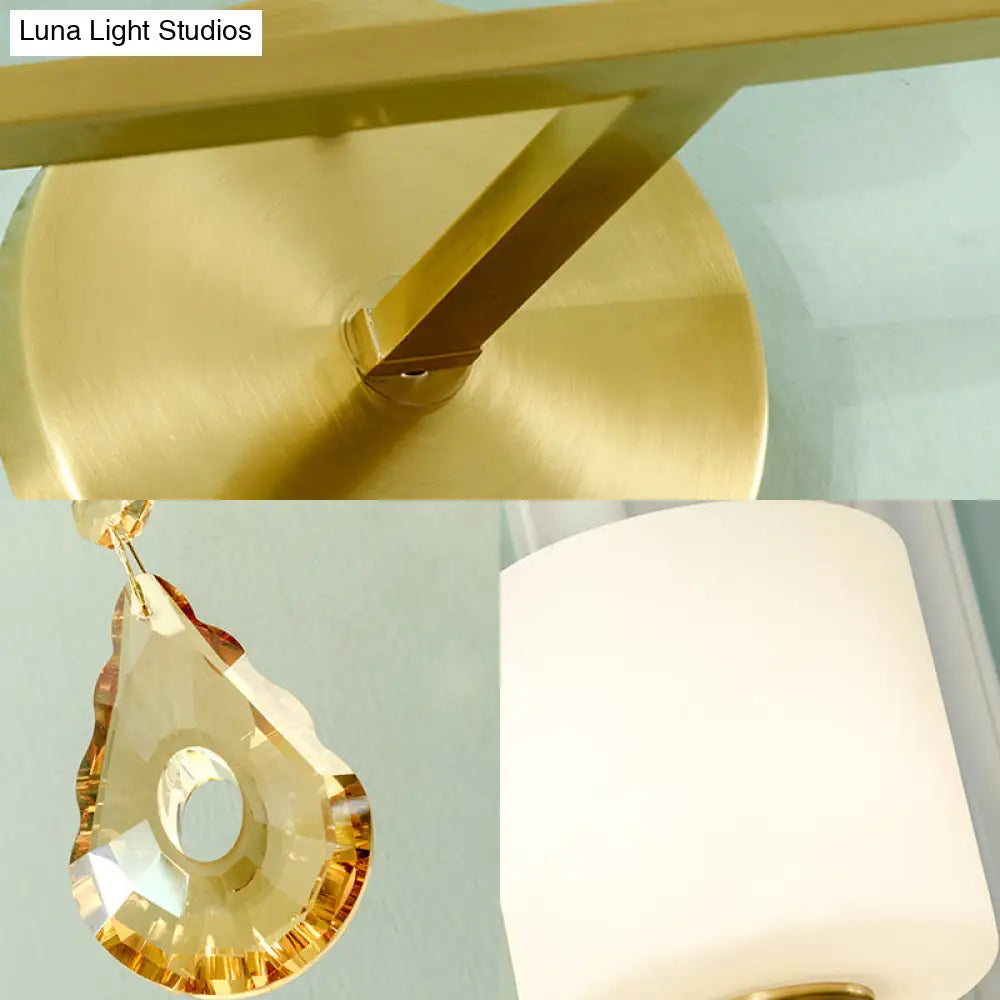 Nordic Style Frosted Glass Wall Lamp With Amber Crystal Drop In Brass